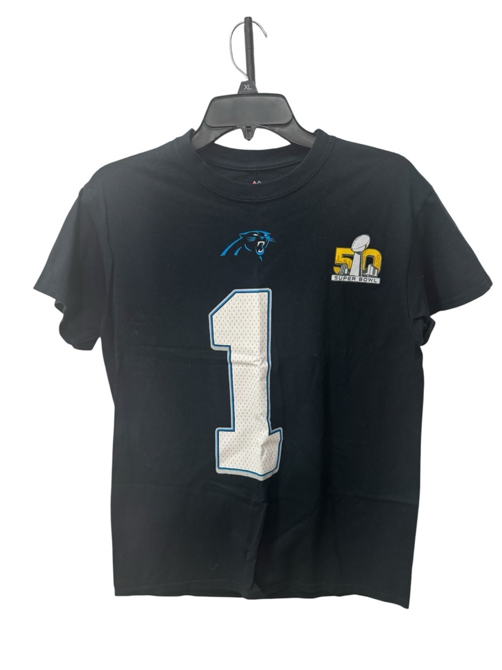 Carolina Panthers #1 Super Bowl 50 Black Tee womens size S